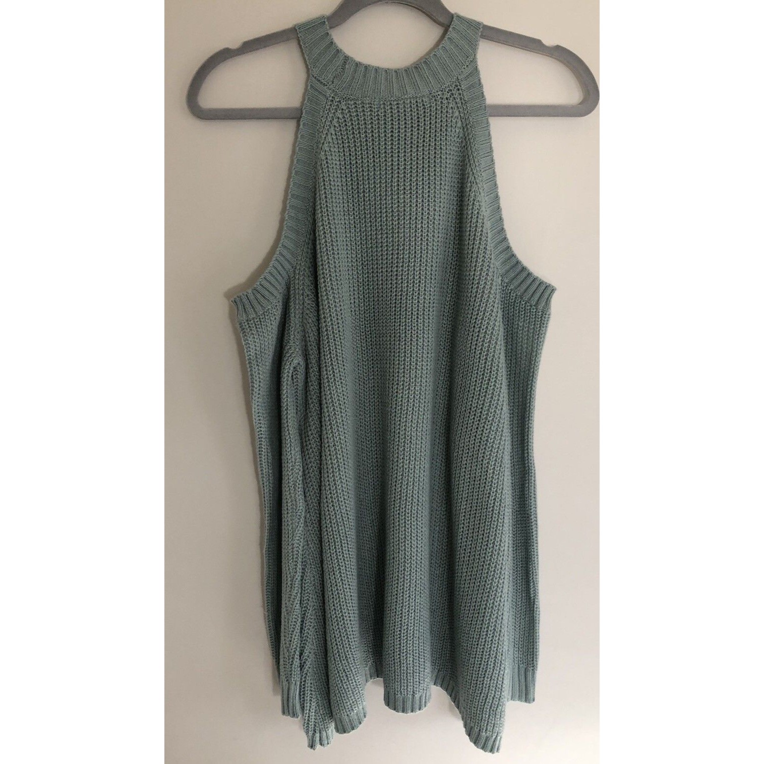 She + Sky Long Sleeve Slate Blue Cold Shoulder Tunic High Neck Sweater Med Euc — image 3 of 6